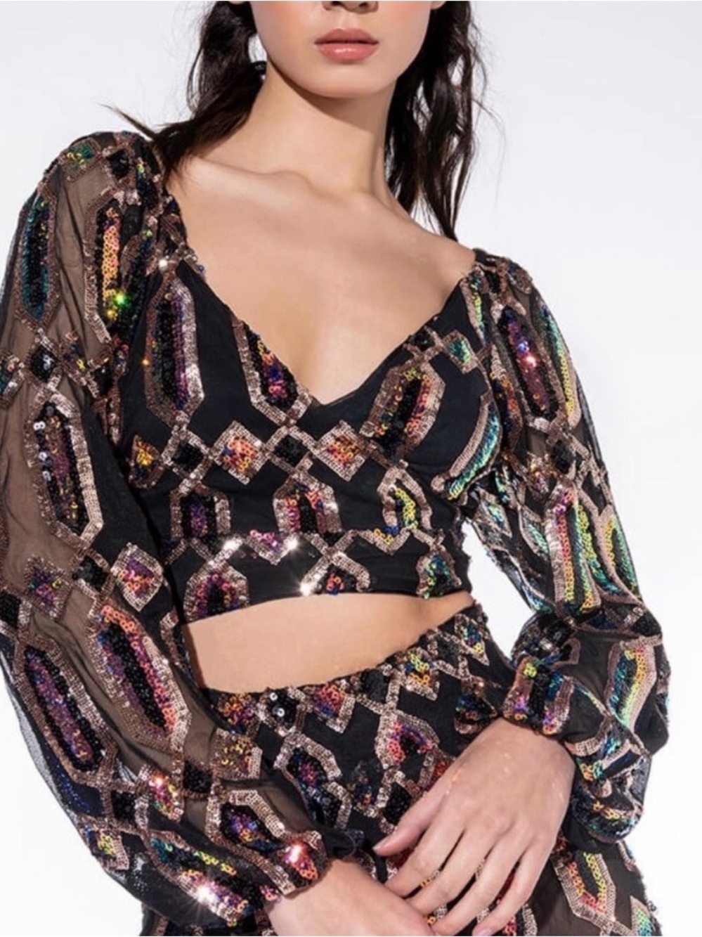 AKIRA Black Sequin Geometric Crop Top